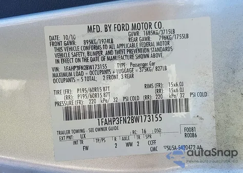 2011 Ford Focus Se из США, поврежденный, VIN 1FAHP3FN2BW173155